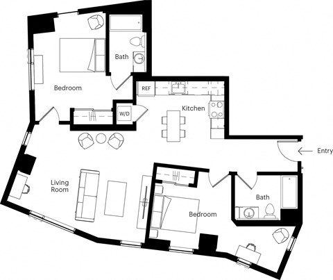 Floor plan for 2 beds, 2 baths, 1037 sqft